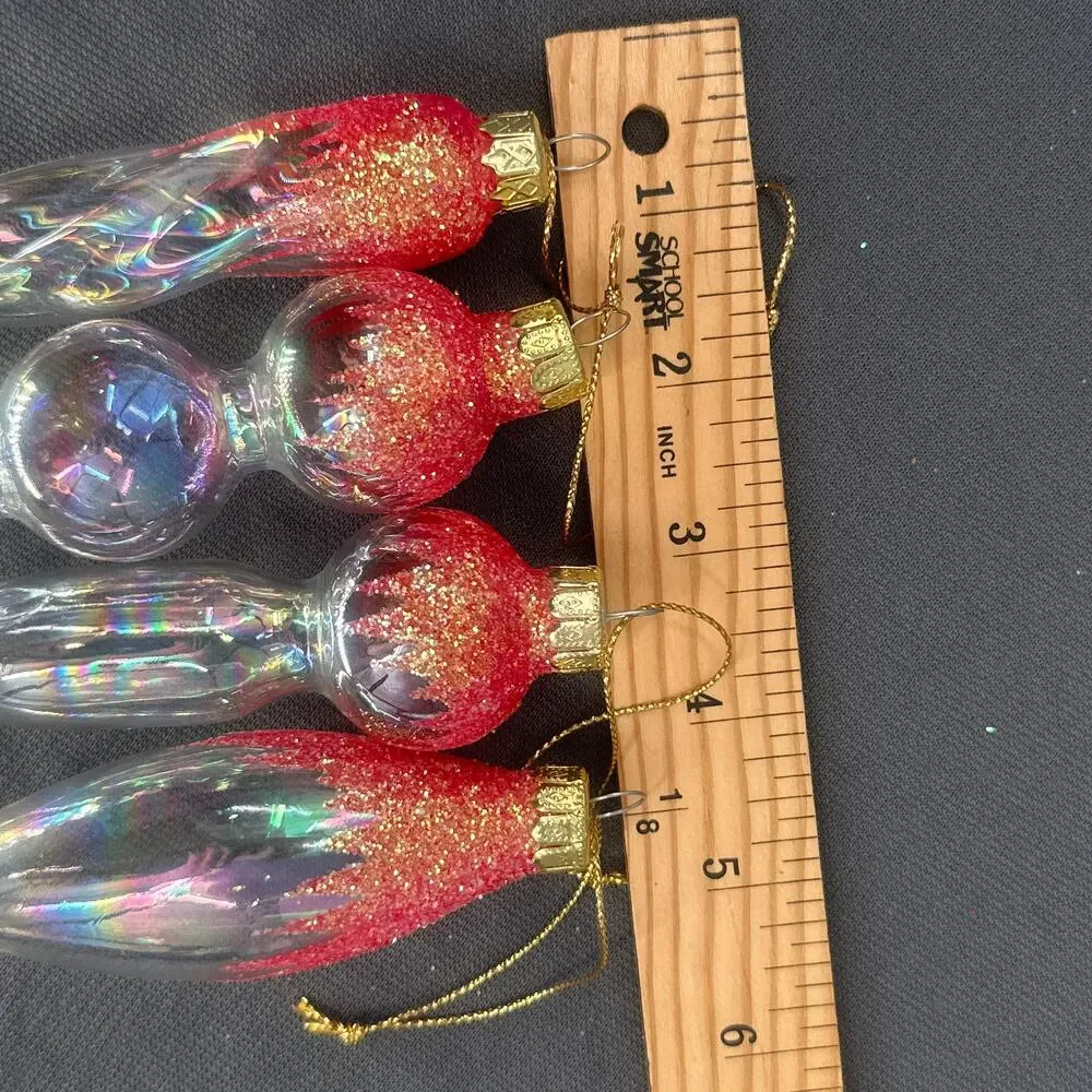 4 VTG Blown Glass Icicle Christmas Ornaments Clear Iridescent Pink Glitter Glam